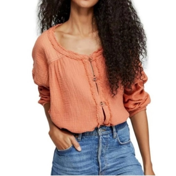 Free People Tops - Free People “We the Free” Perpetual Sunset Orange Coral Ling Sleeve Top Sz XS